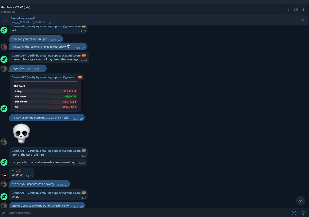 negroxbt's tweet photo. 🚨https://t.co/ncqfVXsr9c SCAM WARNING 🚨

This is how i got scammed by @gamba on nearly $10,000.

This all starts with me getting VIP Transferred onto @gcrisgg code, i play for a while and in total it ends up being that im down high 5 figures on Gamba,  up until now i always got my lossback as expected. Up until now. 

To explain what type of lossback i have, it's whats called a "Resetting Weekly Lossback", which in my case resets every thursday at 00:00 EST. 

Resetting weekly lossback means that every week on thursdays my PNL would be set to zero. So even if i won or lost last week, this new week would be independent from the last weeks play. 

A few hours after the reset was in effect on thursday, i deposited $53,000 which i ended up losing.  

(1/5) 
Thread Continued in the replies with images attached in each reply in the thread.

💰$100 GIVEAWAY TO SPREAD THE WORD AND PREVENT OTHERS FROM BEING SCAMMED RT+FOLLOW TO ENTER