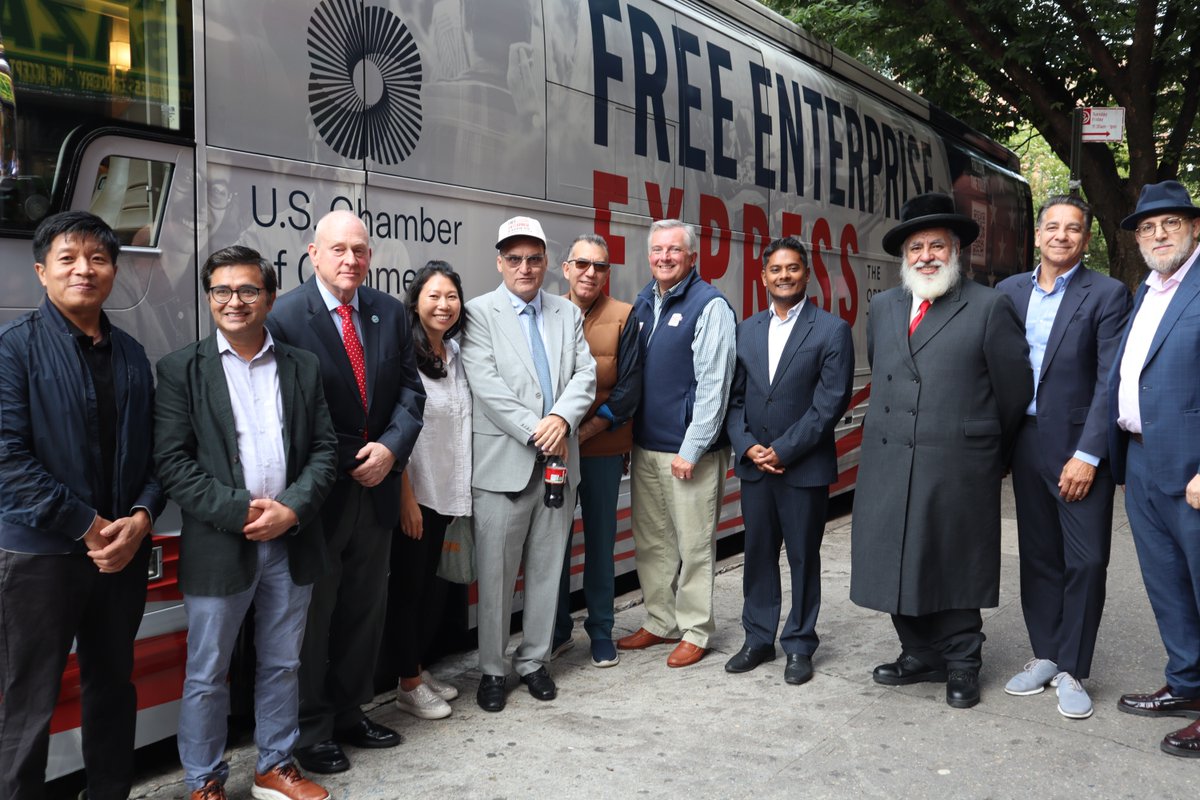 USChamber's tweet photo. This week the U.S. Chamber and our EVP @NeilBradleyDC visited the 103 Deli and Grocery in East Harlem, NY as part of the #FreeEnterpriseExpress Opportunity Tour to stand with neighborhood small business owners facing a socialist threat to their livelihoods in the free enterprise system.
Read more: https://t.co/KSKM7KA4CK