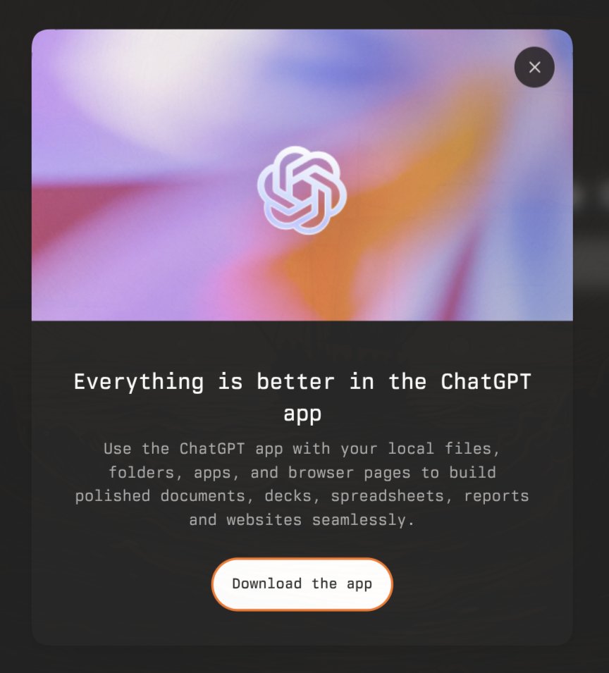 evalstate's tweet photo. Why is the ChatGPT app telling me to download the ChatGPT app? https://t.co/Vxvj3TAzRD