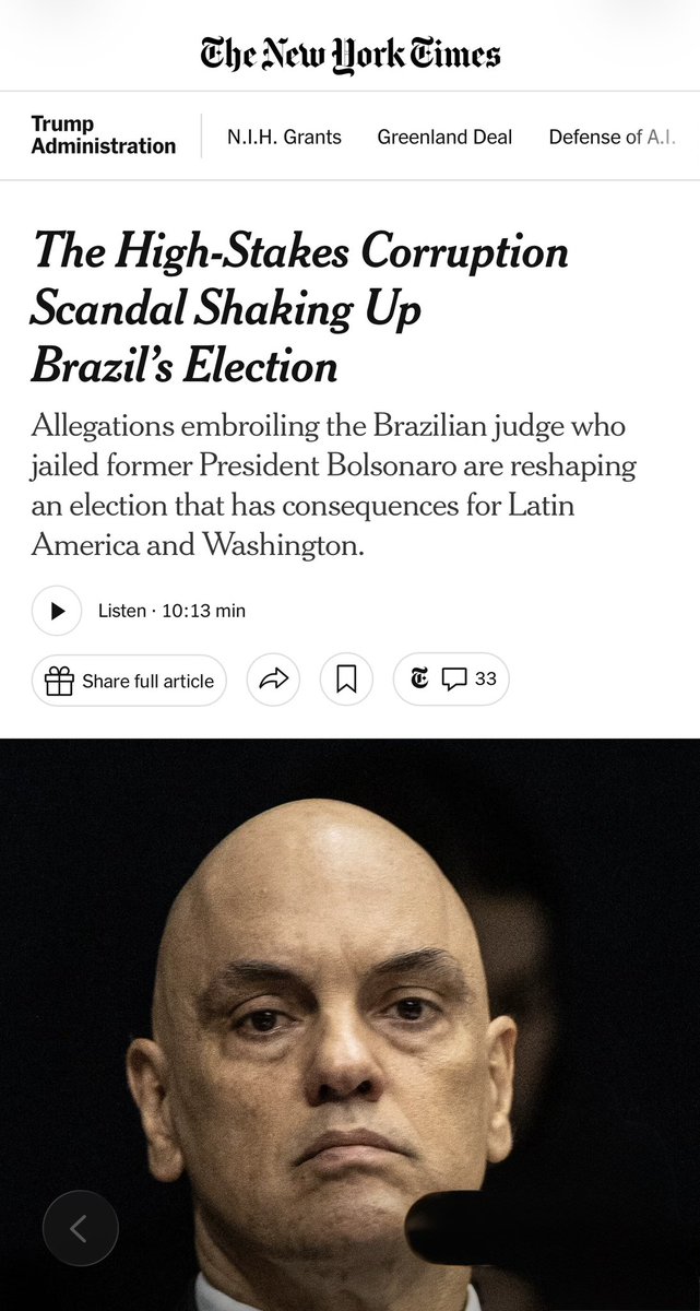 ClauAker's tweet photo. 🚨 THE NEW YORK TIMES 
Alexandre de Moraes conseguiu um façanha história na sua carreira da pior maneira possível. Teve a cara estampada no NYT, quase como um “mugshot”sob o título:

▪️O escândalo de corrupção de grandes proporções que está abalando a eleição no Brasil.

📍Subtítulo: As acusações que envolvem o juiz brasileiro responsável pela prisão do ex-presidente Bolsonaro estão mudando os rumos de uma eleição com consequências para a América Latina e Washington.

✨✨✨ Deus é fiel 🙏🏻✨✨✨