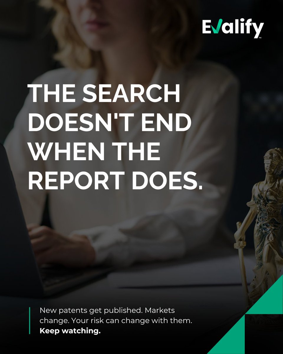Evalifyai's tweet photo. Traditional FTO reports are static. Patent landscapes aren't.

#Evalify continuously monitors newly published patents and applications, so you're alerted the second your risk profile changes.

Knowing your position today is useful. Knowing when that position shifts is priceless. https://t.co/I3IZ1VvzDM