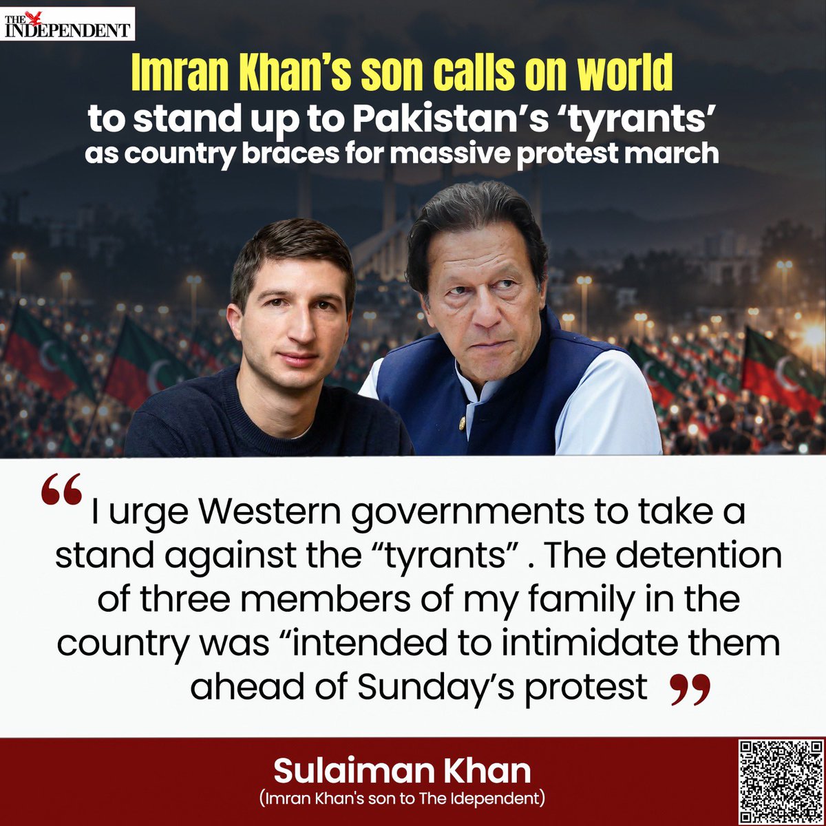 PTIofficial's tweet photo. Sulaiman Khan calls on world to stand up to Pakistan’s “tyrants” as country braces for massive protest march!

“The abduction of our family members, including women and children… was absolutely disgraceful, and further evidence that this is a fascist regime.”
  
#FreeImranKhan https://t.co/w43CliW9Mq