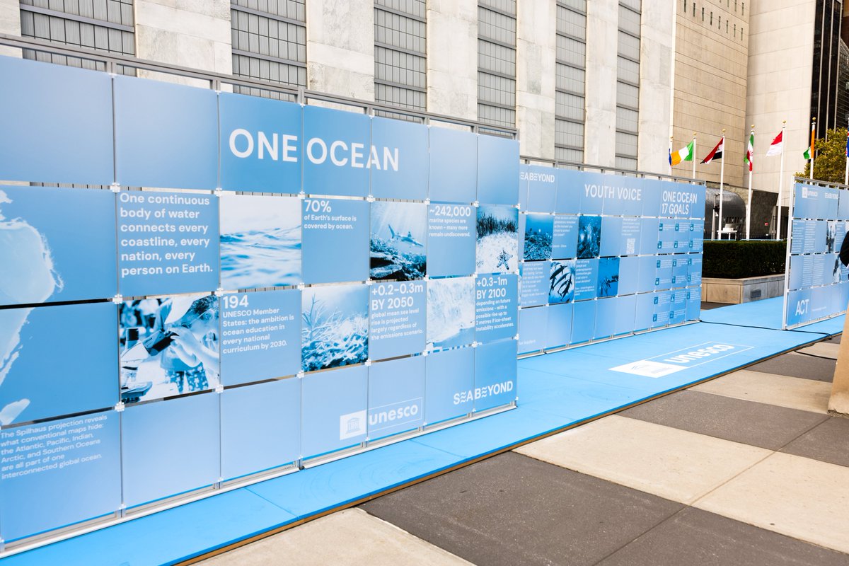 UNESCO's tweet photo. 🌊 One ocean connects us all.

As world leaders gather for #UNGA81, @UNESCO unveils ONE OCEAN at @UN Headquarters, putting ocean literacy at the heart of the global agenda.

Created with SEA BEYOND, the project by @Prada  Group conducted in partnership with UNESCO, it invites us to: Learn. Think. Act.

Discover the installation: https://t.co/hbRNTEzTzk

@UNESCOVenice @IocUnesco