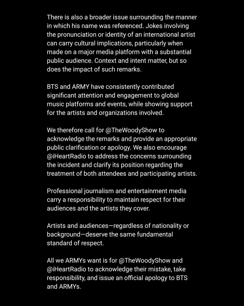 shrphoria_'s tweet photo. All we ARMYs want is for 
@ TheWoodyShow and @ iHeartRadio to acknowledge their mistake, take responsibility, and issue an official apology to BTS and ARMYs. 

#RESPECTBTS &amp; ARMYS https://t.co/bbxApcsMv6