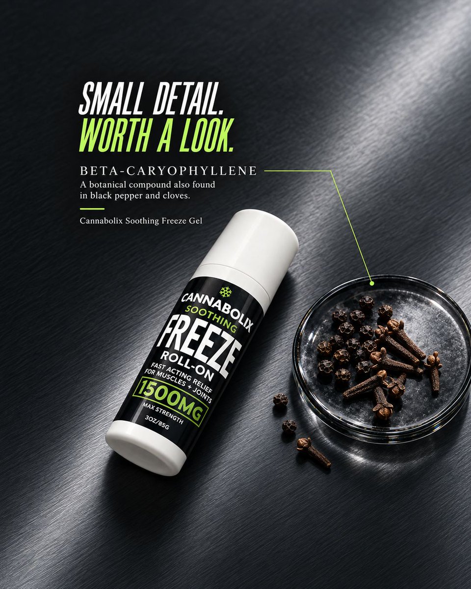cannabolix's tweet photo. Small detail, worth a look: beta-caryophyllene in Cannabolix Soothing Freeze Gel. This botanical compound is also found in black pepper and cloves.

#Cannabolix #SoothingFreezeGel #IngredientSpotlight #CoolingGel #DailyRoutine https://t.co/wz6HevuFcY