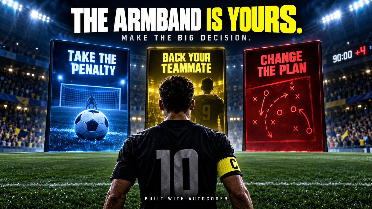 XxCrystalxxo's tweet photo. The regular penalty taker has already missed once.

Do you take the ball, back your teammate, or change the plan?

I turned six high-pressure captain decisions into an interactive desktop experience with Autocoder.

Make the call: https://t.co/lH9wXeGWXm

#FootballTwitter https://t.co/dTmx3xFGzK