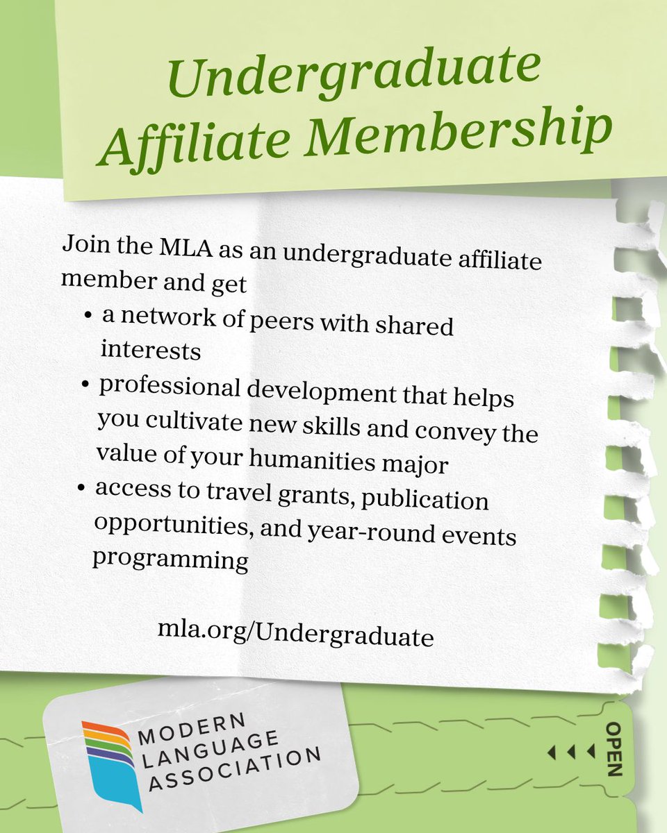 MLAnews's tweet photo. Undergrads pursuing studies in languages, literatures, and writing may now join the MLA as affiliate members for $25. By joining, you'll be eligible for student-centered programming, discounted convention rates, grants, publication opportunities, and more. https://t.co/wwXu6a0TET https://t.co/WKMfW78UiO