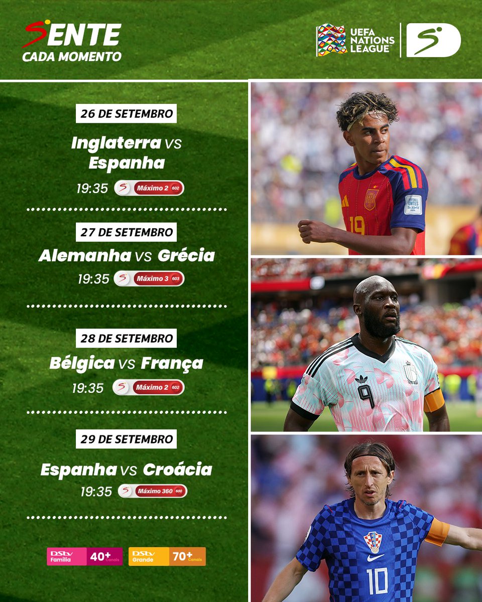 DStv_Angola's tweet photo. ⚽Os grandes duelos das selecções estão a chegar!
A UEFA Nations League traz uma série de confrontos que prometem muita emoção, com partidas que vai colocar frente a frente as melhores selecções do velho continente. 🌍🏆
#DStv #DStvAngola #UEFANationsLeague #SenteCadaMomento https://t.co/UUZ1dDMsZG