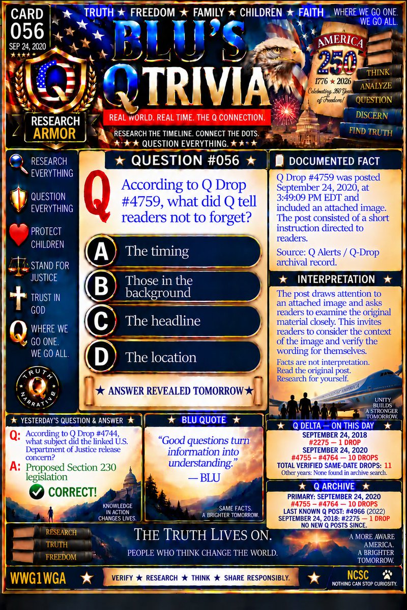 DreamBlu2813's tweet photo. Running late, but the question is still waiting. 👀🔎 Don’t guess—research it. What’s your answer: A, B, C, or D? 🇺🇸
#BLUSQTrivia #America250 #ResearchEverything #NCSC https://t.co/Pvntup3XYg