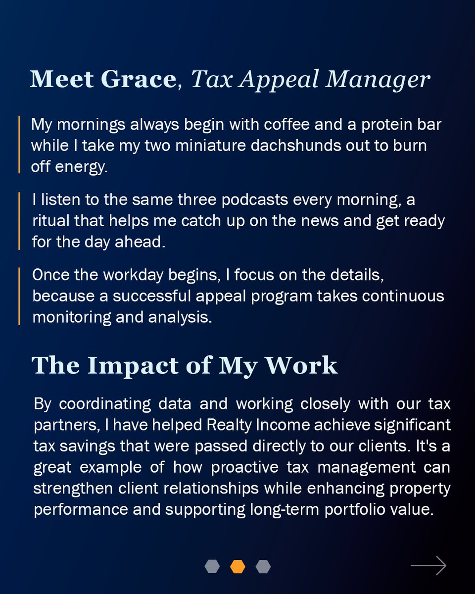 RealtyIncome's tweet photo. Meet Grace, Tax Appeal Manager at Realty Income. Through data-driven analysis &amp; collaboration with teams across the business, she helps identify property tax opportunities that can create value for clients &amp; our portfolio.

Learn more: https://t.co/LWDLtq7l2v https://t.co/GYxEuhaT0u