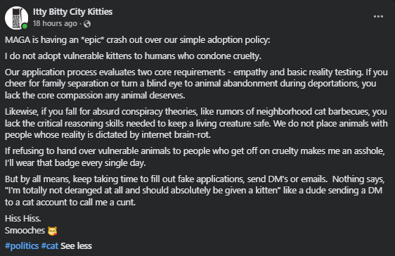 BlackDumpling's tweet photo. Leftists are denying Conservatives the ability to adopt kittens *right now* and you want to spur on Woke 2?

That's right, at least one animal shelter in New York has decided that being a Conservative means you're so utterly divorced from humanity and reality that you'd vote for Donald Trump then you're some kind of weird monster who needs to be denied the ability to adopt kittens.

Remember when they told that woman she couldn't have her children unless she got a Covid shot? Do you look on these memories fondly?