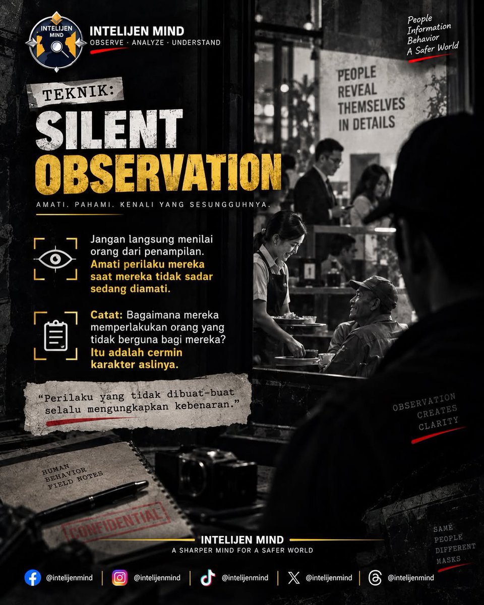 Intelijen_Mind's tweet photo. Silent Observation. 👁️ Jangan terburu-buru menilai seseorang dari penampilan atau kata-katanya. Amati perilaku ketika mereka merasa tidak sedang diperhatikan #IntelijenMind #SilentObservation #HumanBehavior #Psikologi #Observasi https://t.co/bTIIfM0i94