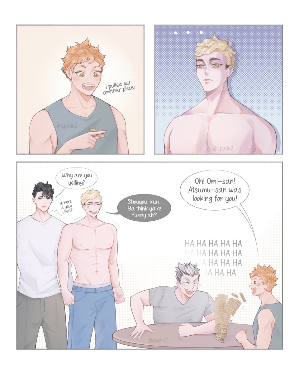 cpatix2's tweet photo. Did Hinata do it on purpose or did he see Omi going to do the laundry? Questions, questions
#sakuatsu #haikyuu #msby4 https://t.co/wwYmBf4AOJ