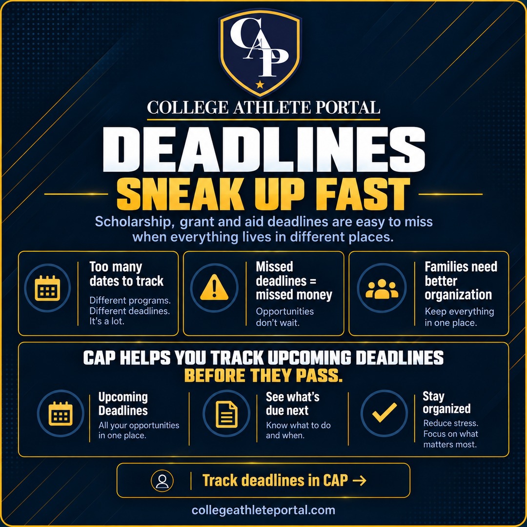 CAPAthlete's tweet photo. ⏰ Scholarship and aid deadlines are easy to miss when they live in ten different places. CAP puts them on one screen and shows what's due next.

https://t.co/gNKuFoZAck https://t.co/b4Chu0Zu9p