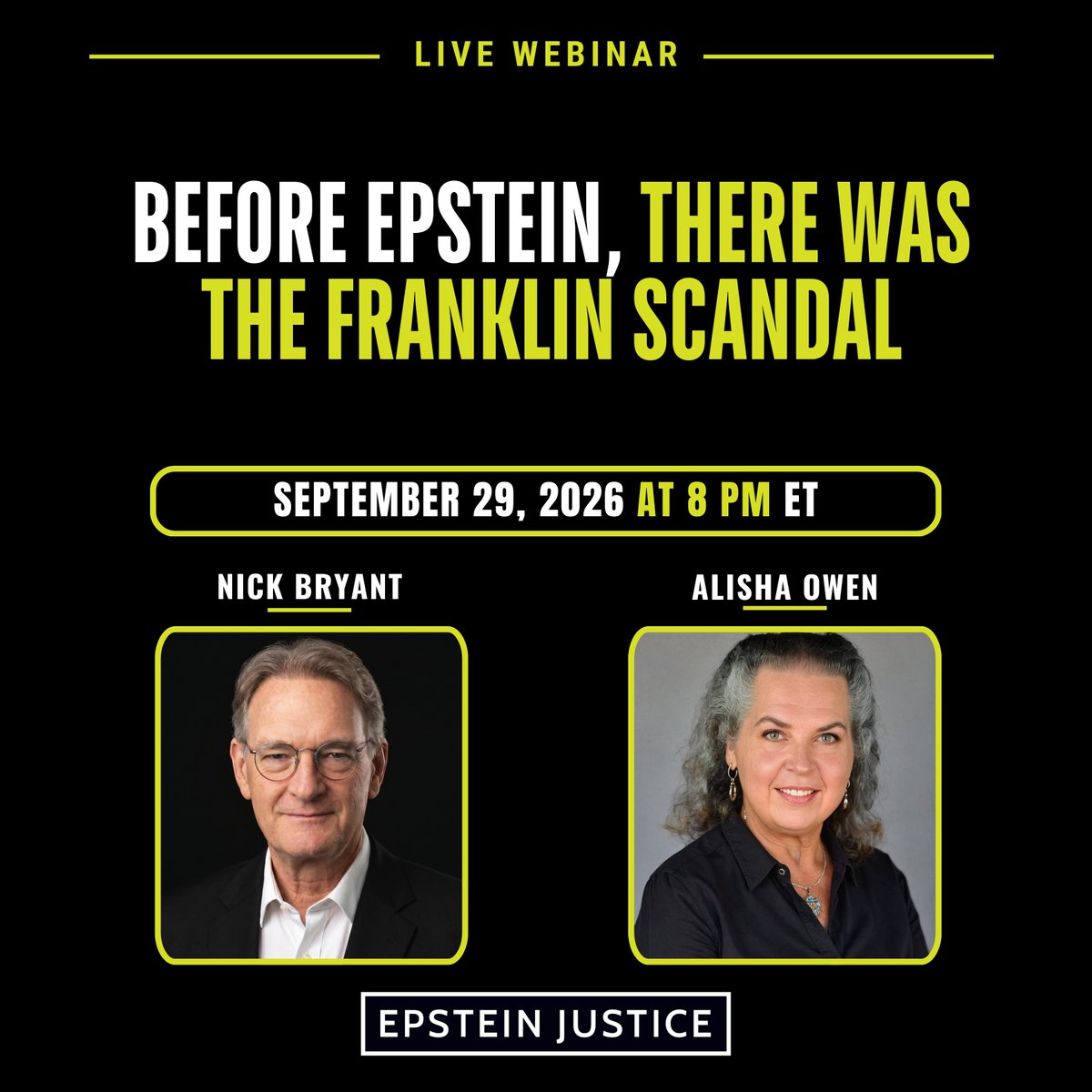 EpsteinJustice's tweet photo. Before the Epstein scandal, there was the Franklin scandal.

In 1988, six victims in Omaha, Nebraska, accused powerful and affluent men of abusing them and others when they were minors. Nebraska state and federal grand juries declared their accusations a "hoax." Two decades later, a Florida grand jury declared that Jeffrey Epstein had not abused a single minor.

The victims in Nebraska were pressured to recant their accusations, but a 20-year-old woman, Alisha Owen, refused. Facing 200 years in prison for perjury, she still refused to recant. When she was 22 years old, a kangaroo court sentenced her to between 9 and 15 years for perjury. She spent nearly two years in solitary confinement.

On September 29, join us for a webinar that shows how the Epstein scandal is essentially a carbon copy of the Franklin scandal. Alisha Owen will discuss her harrowing odyssey through the Nebraska state and federal judiciaries, revealing a parallel universe, one that coexists with the universe of Little League, Boy Scouts, Disneyland, and the other hallmarks of wholesome, youthful Americana. It is a parallel universe where lies masquerade as truth, where shadows reflect light, and where innocence is condemned.

This webinar will be informative, but it will go beyond awareness. It will equip attendees with real, actionable steps to demand accountability and fight back against the Epstein cover-up. We will also have a live Q&A with Epstein Justice Co-Director Alisha Owen and Director of Epstein Justice, Nick Bryant.

Get A Reminder: https://t.co/BxHvoMMuBI

#trialsnotfiles