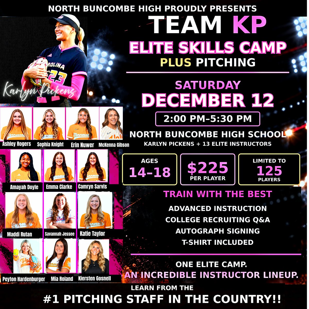 VolMomPickens's tweet photo. Get ready!! Registration loads soon!! Check out this epic line up of 🥎 instructors!! Learn from the very best in Softball! Links posting soon! For more information call Sabrina at NB High School 828-645-4221 ages 14-18 @PickensKarlyn #teamKP #softball #ladyvols https://t.co/19ljsvoxKy