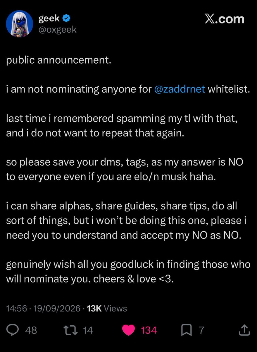 Ui9912's tweet photo. Public announcement.

We the small accounts association (SAA) will not be donating our money to @oxgeek 

The last time we tried being friendly, he looked down on us and pour us spit.

So please save your begging and cries as our NO will remain NO…

All we can offer are prayers https://t.co/pprJNj8h4V