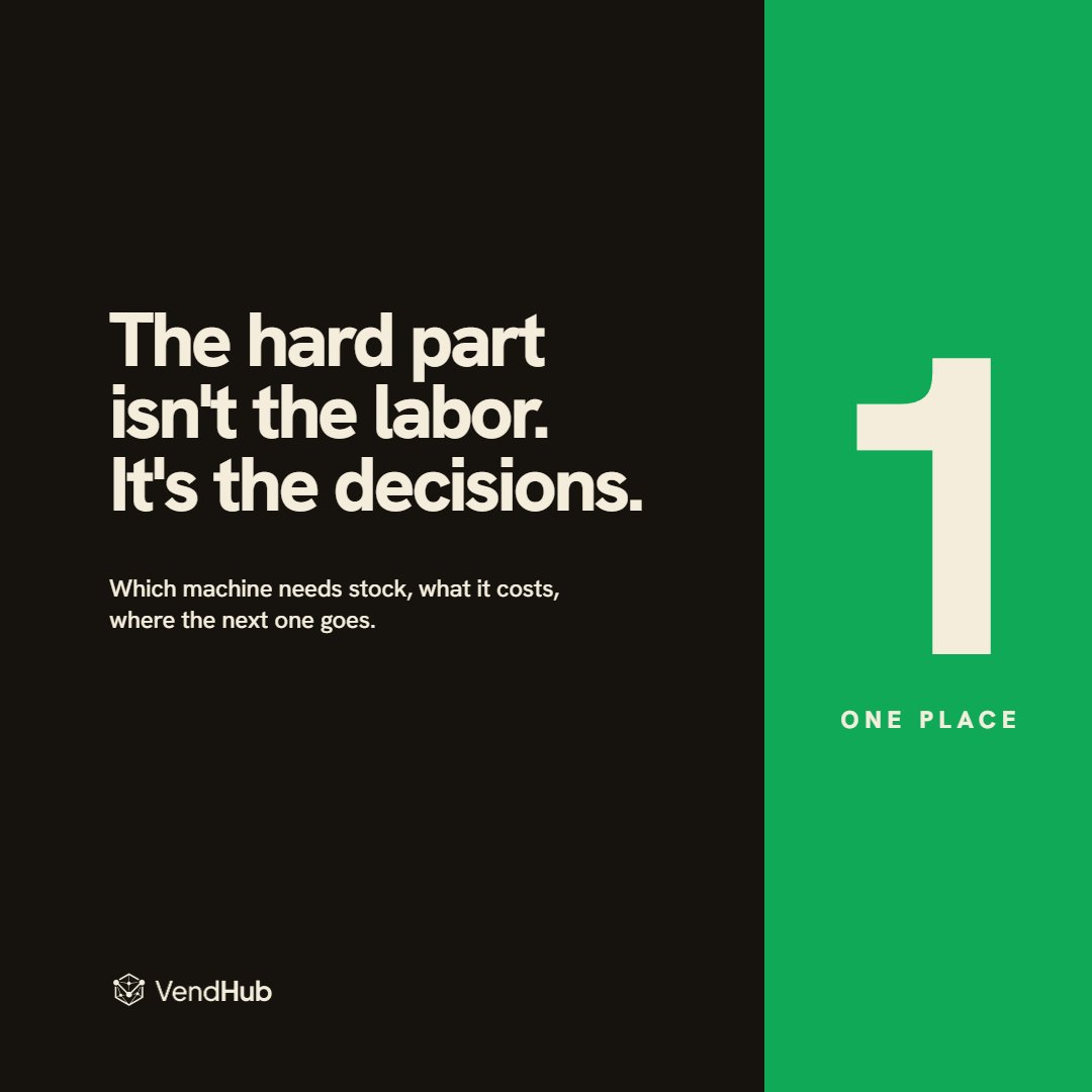 VendhubAI's tweet photo. You can hire someone to fill machines. That part is easy.

Handing over the decisions is the hard part, because they live in your head. Which machine needs stock, what it costs, where the next one goes.

VendHub holds all of that, so someone else can run it. https://t.co/eBmCS4paAW