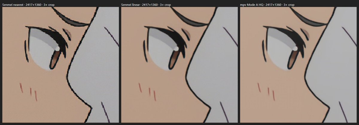 frixaco's tweet photo. fixed jagged lineart in my WebGPU Anime4K port. Lines looked rougher in the browser than in mpv at the same size.

turns out mpv’s libplacebo renderer uses linear sampling inside shader passes. I was using nearest-neighbor. switching to linear made the edges much smoother. https://t.co/KWmhcute3B
