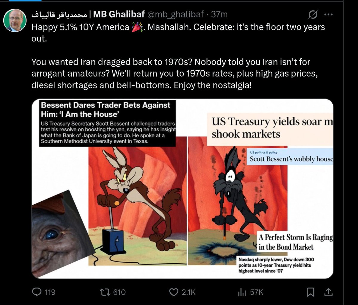 thecuriousindex's tweet photo. Mb ghalibaf speaker of Islamic republic of Iran congratulates America on rising bond yields. https://t.co/Qx2bPTt3Ik