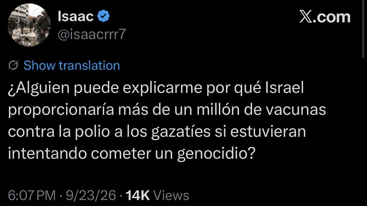 JulianRooUS's tweet photo. Hola propagandista @isaacrrr7! 
Yo te  respondo: si hablás del envío de 1,2 millones de dosis de agosto de 2024, las llevó UNICEF. La campaña la realizaron el Ministerio de Salud PALESTINO, la OMS, UNICEF, UNRWA y otros colaboradores. Si, organizaciones que atacan y descalifican diariamente. Israel solo coordinó el ingreso y “aceptó” pausas humanitarias, debido a que Israel controla todo lo que entra y sale de Gaza. Pero permitir una campaña no equivale a atribuirse las vacunas.

Además, tu “argumento” sobre el genocidio es erróneo. El genocidio requiere actos cometidos con intención de destruir total o parcialmente a un grupo. No requiere intentar matar a todos sus integrantes, por todos los medios y en todo momento. Una campaña de vacunación debe considerarse al evaluar las pruebas, pero no borra el resto de los actos ni resuelve por sí sola la cuestión de la intención.

Ah! Otro dato importante, contener la polio también evita que se propague fuera de Gaza: las epidemias no respetan fronteras. Dejavú. 

Y ya que te gustan tanto las preguntas: ¿por qué permitir que se proteja a los chicos de una enfermedad demostraría que no existe intención de destruir a parte de esa población mediante otros actos? De querer refutar la acusación de genocidio, deberías responder a las pruebas que la sustentan. Las vacunas no tienen nada que ver con el tema. Nice try, bubba!