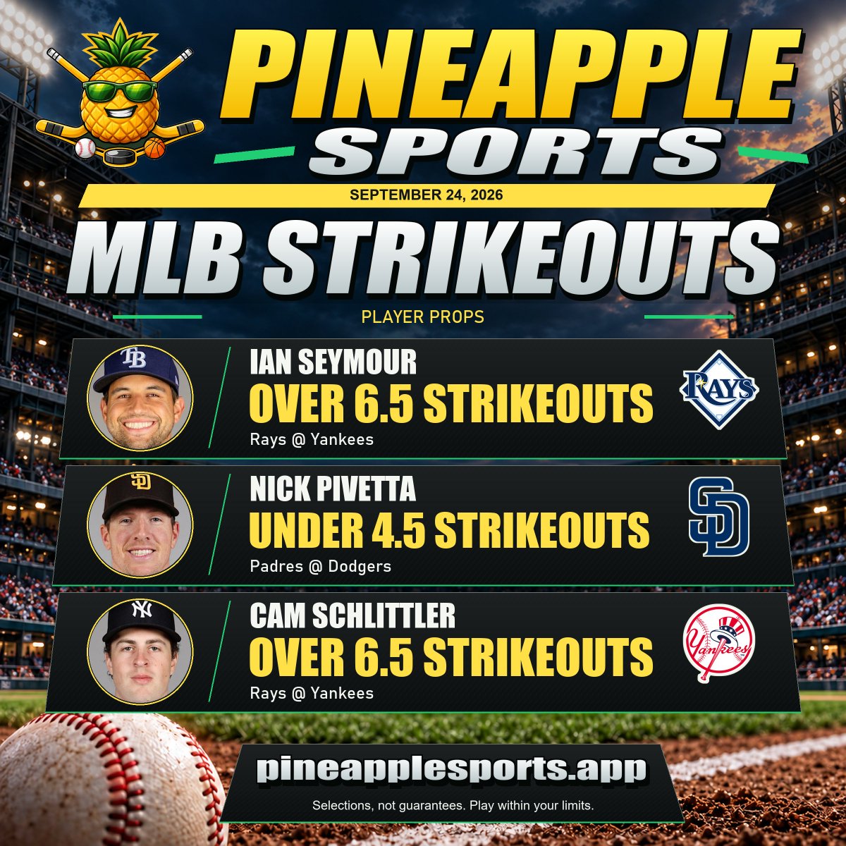 PineapplePicks8's tweet photo. 🍍 MLB STRIKEOUT PROPS | Sep 24

Today's Pineapple Sports prop card:

1. Ian Seymour Over 6.5 Strikeouts
Tampa Bay Rays vs New York Yankees | 7:05 PM ET

2. Nick Pivetta Under 4.5 Strikeouts
San Diego Padres vs Los Angeles Dodgers | 10:10 PM ET

3. Cam Schlittler Over 6.5 Strikeouts
New York Yankees vs Tampa Bay Rays | 7:05 PM ET

📊 Card focus:
PLAYER FORM | MATCHUP DATA | MARKET VALUE

Built for smarter MLB prop decisions.

MLB props | Strikeout props | MLB betting picks

Website: https://t.co/xKQL705pno
Get the app: https://t.co/HsblSHojoy