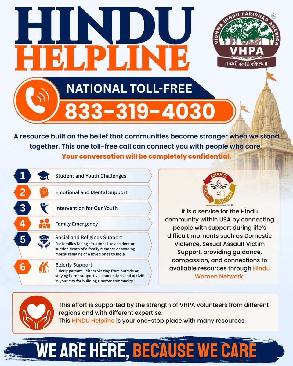 VHPANews's tweet photo. 📞 You don't have to face a difficult moment alone.

https://t.co/GofwwGIxiu

The VHPA Hindu Helpline connects Hindus across America with people who care and can help navigate difficult situations, from family emergencies and youth challenges to emotional, social and community support.
🇺🇸 For the Hindu community in the USA
📞 833-319-4030
🔒 Confidential conversations
We are here because we care. @mandircouncilus  @hinduoncampus @HinduACT