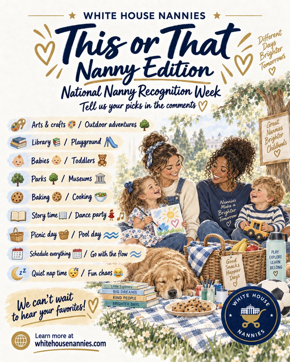 WHNanniesDC's tweet photo. Arts &amp; crafts 🎨 / Outdoor adventures 🌳
Library 📚 / Playground 🛝
Babies 👶 / Toddlers 🧸
Parks 🌳 / Museums 🏛️
Baking 🍪 / Cooking 🥗
Story time 📖 / Dance party 💃
Picnic day 🧺 / Pool day 🏊
Schedule everything 📅 / Go with the flow
Quiet nap time 😴 / Fun chaos 😂 https://t.co/60kRqks0Fs