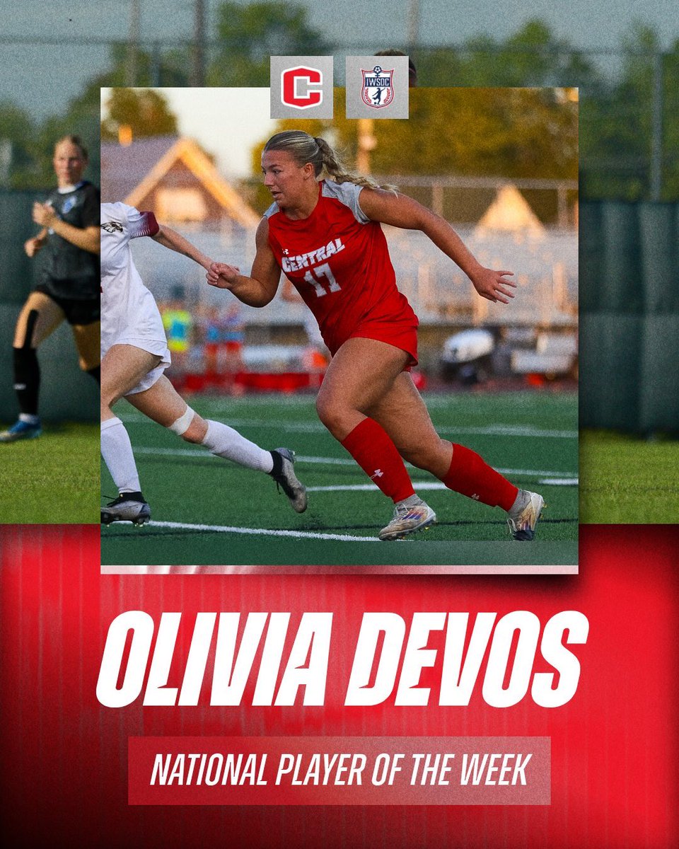 CentralWSoc's tweet photo. One of our own. Congratulations to forward, Olivia DeVos on being named National Player of the Week by @theIWSOC!!

#GoDutch 🔴⚪️ https://t.co/CIlmxqYrVv