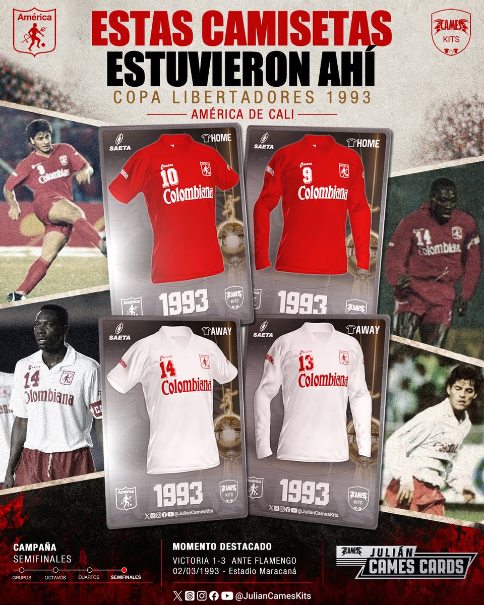 JulianCamesKits's tweet photo. 1993, aquellas noches de copa, cuando @AmericaDeCali tenía un equipo de verdad, que peleaba por todo. 
Recordemos las camisetas @saetasport para la @Libertadores, manga corta y manga larga, mucha mística copera.

🔜 #CaminoAlCentenario

#JulianCamesCards #TradingCards #CamesCards https://t.co/DCTcS0TTHi