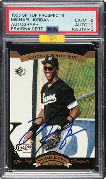 CardsBoulevard's tweet photo. This Michael Jordan base auto went for over $600,000 🤯

A 1995 Upper Deck SP Top Prospects Michael Jordan Auto PSA 6/MBA Gold sold for $625,250. https://t.co/ydcgWASr8H