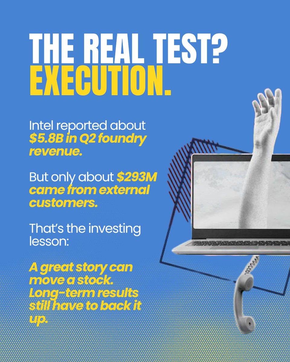 cole_flynn_'s tweet photo. Intel's stock is up big this year.

The reason? Apple, Tesla and SK Hynix might start using Intel's factories to build their chips.

Might.

Right now it's mostly talks and plans. Very little of it has turned into real orders.

#Investing #Stocks #Intel 

This content is for informational and educational purposes only and does not constitute investment advice or a recommendation to buy or sell any security.