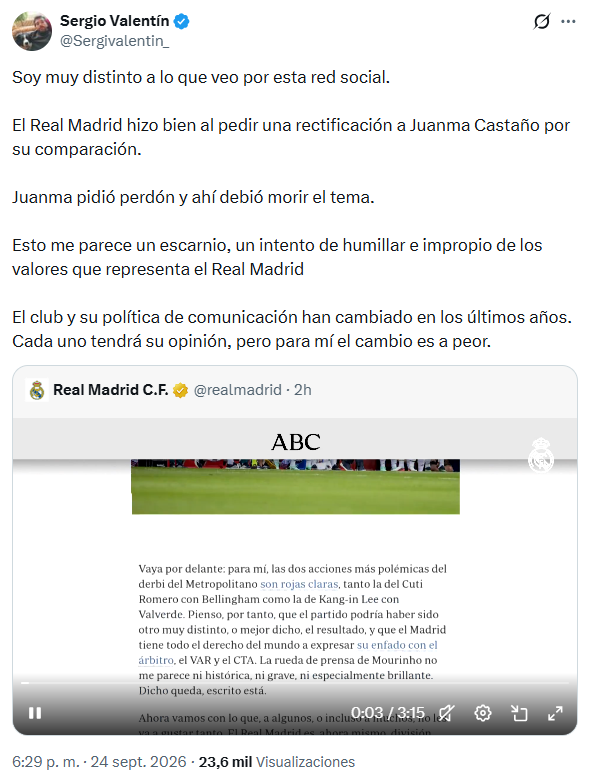 DiegoJMontero2's tweet photo. Hasta los cojones de este cretino, melifluo y blandurrio, que ejerce más de aspirante eterno a entrar en la COPE y afianzarse en Radio Charca que a defender el Real Madrid al que tanto dice querer. Es, como veis, el caso más flagrante del corporativismo periodístico, es eso de "perro no come perro". 

De verdad que estoy hasta los cojones de tanto buenista, que se rasga las vestiduras por Caspaño pero que no duda en esparcir mierda a diario sobre Florentino Pérez, su entrenador, sus jugadores. En definitiva, contra el club. Eso sí, disfrazado de madridista "autocrítico y autoexigente".

Pues no, Sergio, algo ha cambiado en la comunicación del club y afortunadamente para bien. Y espero que ésta sea la primera batalla de una larga guerra que desde los medios nos habéis declarado hace años. Incluido tú desde tu púlpito en EsRadio y desde Radio Charca, con tus amigos panenkitas de la Pizarra.

Estabais acostumbrados a que desde el club os pusiera una y otra vez la otra mejilla sin rechistar, mientras vosotros llenábais horas y horas de tertulias a nuestra costa, echando mierda a paladas.

Pues no, eso parece que se acabó. Y si queríais guerra, la vais a tener. Y espero que esto no acabe aquí.