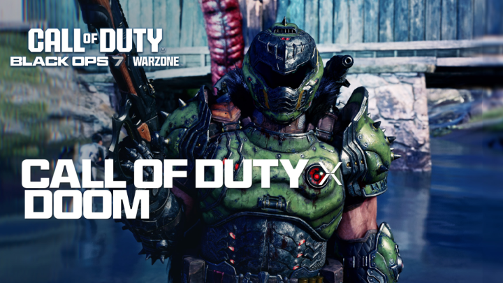 The Doom Slayer stands in his iconic green armor, with text reading "CALL OF DUTY BLACK OPS 7 WARZONE" and "CALL OF DUTY DOOM" overlaying the image, promoting the crossover event where players can unlock the Doom Slayer through a limited-time DOOM Event Pass in Call of Duty: Black Ops 7 and Warzone.