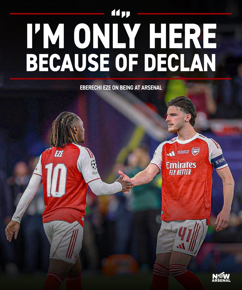 now_arsenaI's tweet photo. Eberechi Eze has revealed that Declan Rice played a key role in his move to Arsenal. 

With Tottenham pushing to sign him, Rice urged Eze to get in touch with Mikel Arteta, helping pave the way for the boyhood Arsenal fan to complete his dream move.

Eberechi Eze: “I'm only here because Declan told me to just call him.”

Thank you, Declan!❤️