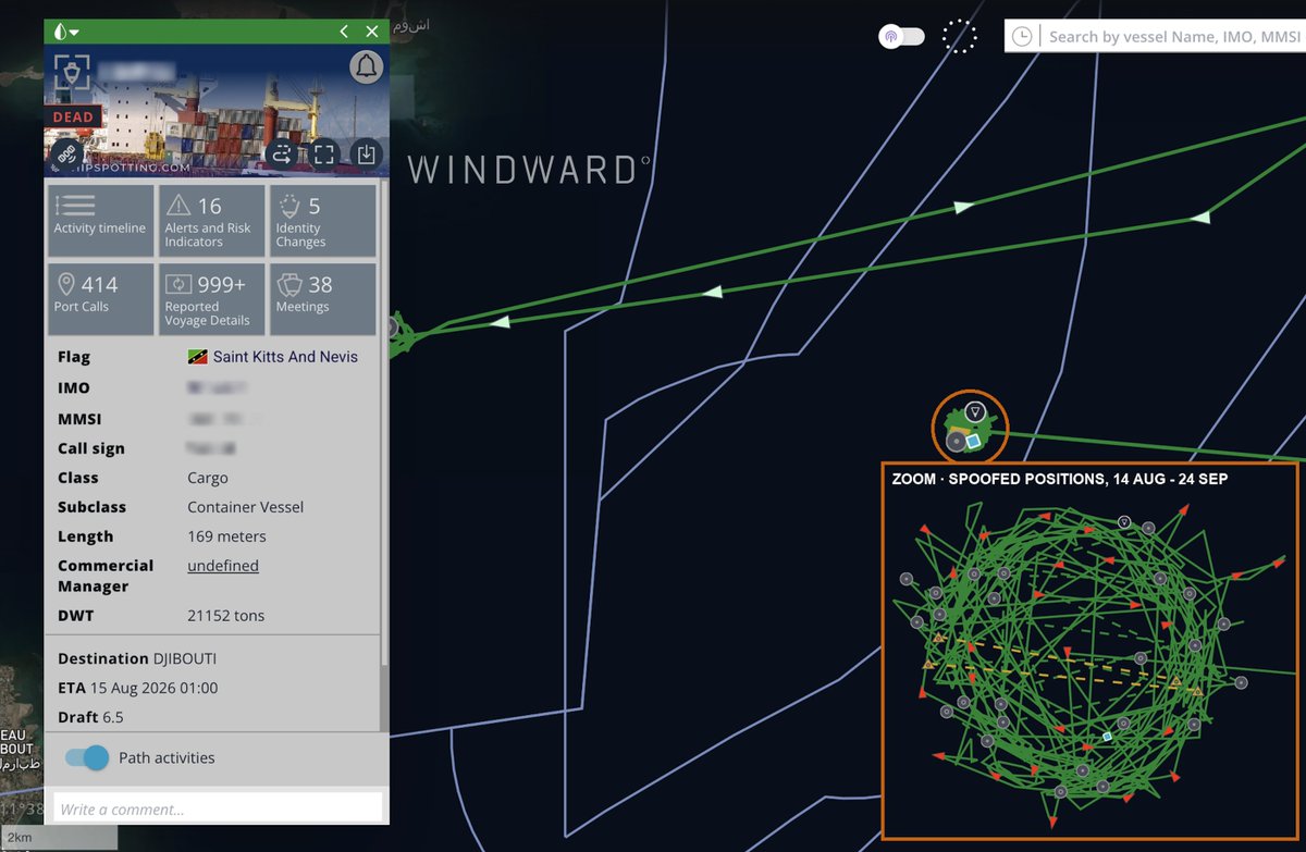 WindwardAI's tweet photo. For 41 days, a zombie vessel out of Hodeidah has been spoofing its position over the approaches of the AAE-1, SeaMeWe-5 and IEX cables off Djibouti.

The vessel uses the identity of a container ship reported dead since 2020. It surfaced on AIS on 24 Jul leaving the Houthi-held port and called there twice more before its track settled into a loop off Djibouti on 14 Aug. Since then it has made no port calls, done no cargo work and logged 20+ AIS gaps, the longest 40.5 hours on 8–10 Sep.

Iran has weighed attacks on Gulf undersea cables, and the Houthis, who now hold Mocha and islands near Bab el-Mandeb, have reportedly threatened the region's cables before. The vessel's behavior has no clear commercial explanation.