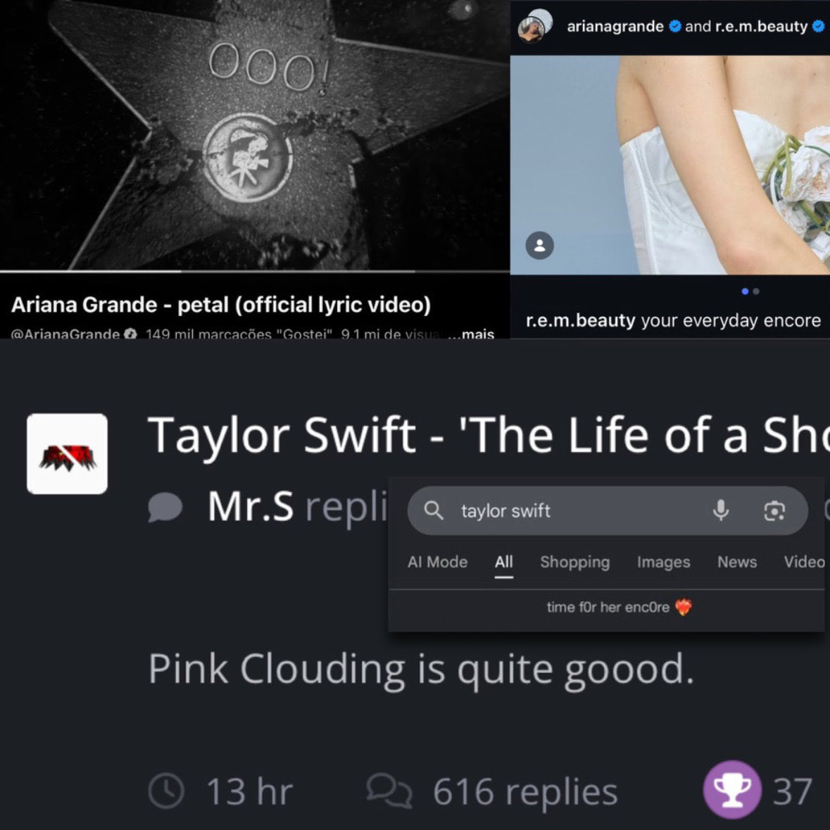 updatecharts's tweet photo. SERÁ? Fãs de Ariana Grande e Taylor Swift teorizam que deve haver uma colaboração das duas na faixa “Pink Clouding”, na versão deluxe do “The Life of a Showgirl”.

As coincidências são apontadas em base de movimentos recentes da artista e de um “suposto enigma” do insider Mr.S, que vem acertando tudo sobre os lançamentos da Taylor.