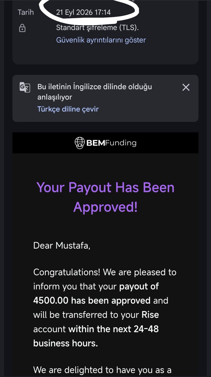 FintekMustafa's tweet photo. If you’re a prop firm trader, getting your payout quickly and securely is more important than many other things.

Many of my followers are using BEM Funding based on my recommendation, and many of them are also curious about the BEM Funding payout process.

So, let me show you the entire process transparently, with proof and exact dates.

31/08/2026 — I purchased a $50K BEM ONE account.

01/09/2026 — Just 2 days later, I became funded because there is no minimum trading day requirement.

03/09/2026 — I started trading my funded account, and over the next 14 trading days, I accumulated $4,500 in profit.

19/09/2026 — I submitted my payout request.

21/09/2026 — My payout was approved just 2 days later, even though the process included the weekend.

22/09/2026 — The payout was deposited into my Rise account, less than 24 hours after my payout request was approved.

The entire process went smoothly from start to finish.

Thank you, @BemFunding