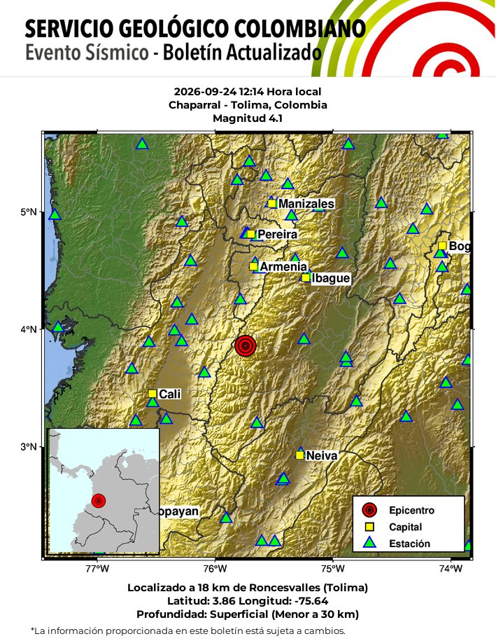 sgcol's tweet photo. #SismosColombiaSGC Evento Sísmico - Boletín Actualizado 1, 2026-09-24, 12:14 hora local Magnitud 4.1. Profundidad superficial, Chaparral - Tolima, Colombia ¿Sintió este sismo? repórtelo https://t.co/pgC7OC2O7j https://t.co/63pt8nVsSe #Temblor #Sismo https://t.co/zahoe2DW62
