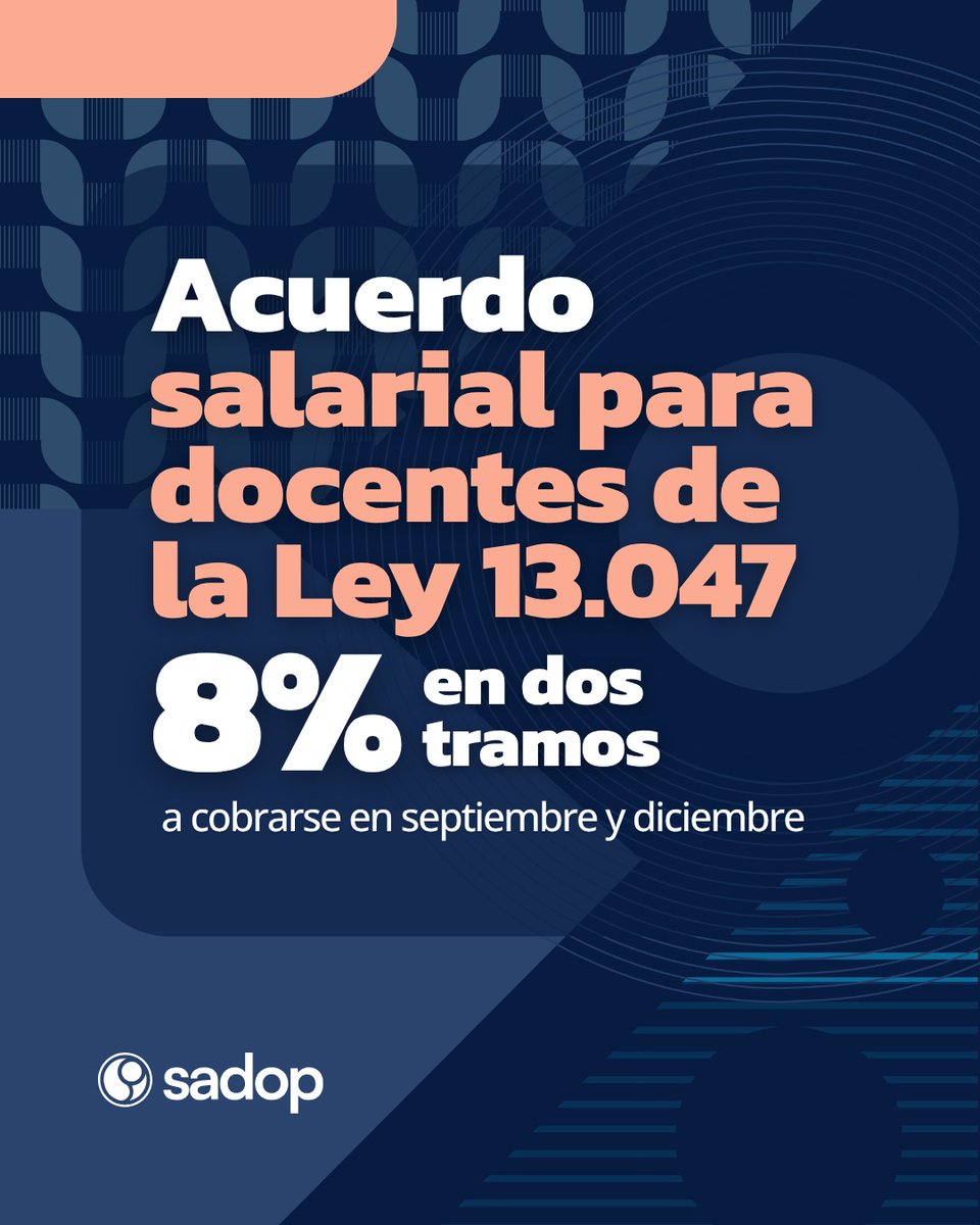 sadopnacion's tweet photo. 🤝🏻 Nuevo acuerdo salarial entre Sadop y las cámaras patronales para docentes de la Ley 13.047.

💵 Se trata de un incremento a implementarse en dos tramos en septiembre y en diciembre.

🗣️ Ambas partes nos comprometimos a retomar las negociaciones en febrero. https://t.co/8SecD6aoH5