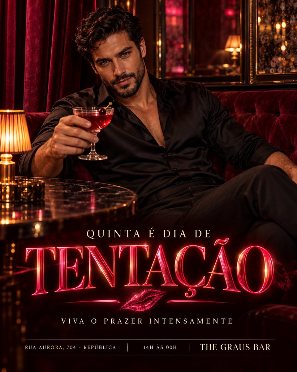 thegrausbar's tweet photo. A tentação já tem endereço. ���🍷

Nesta quinta, entregue-se à luz baixa, aos bons drinks e àquela vontade que não pede licença.

🔥 Quinta é dia de TENTAÇÃO
📍 Rua Aurora, 704 — República
��� Das 14h às 00h
Viva o prazer intensamente no The Graus Bar. https://t.co/ERIlLMuNGy
