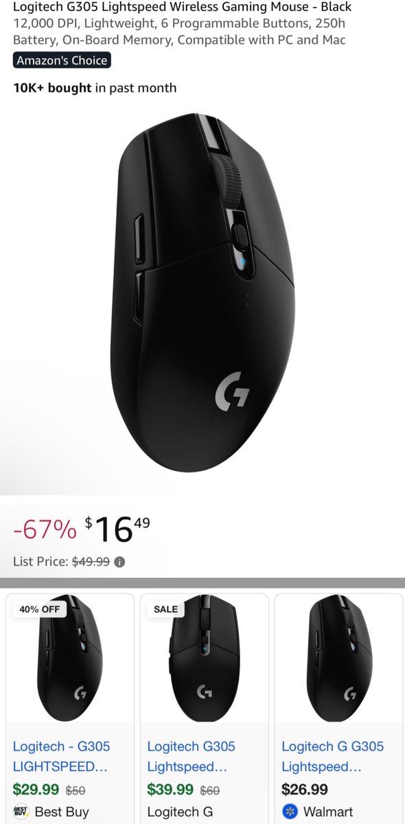GlitchedSavings's tweet photo. $16 LOGITECH G305 GAMING MOUSE

Must select “used-like new”. Usually arrives brand new, free returns if not satisfied

https://t.co/s5I1VFgk5J #ad

For reference, the same mouse is still going for $26+ at other retailers https://t.co/jVi9zLDbCx