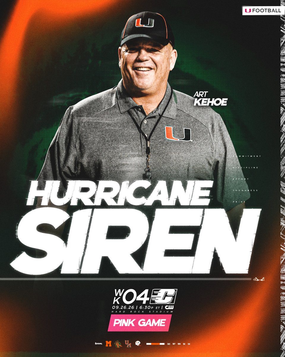 CanesFootball's tweet photo. Turn it up, Coach! 🙌

Art Kehoe will sound the siren Saturday night! 🚨 https://t.co/cw69tj0wuX