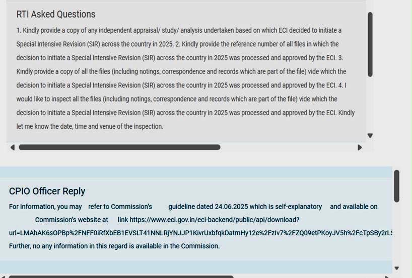 AnjaliB_'s tweet photo. Rajdeep here is the document.
On June 24, 2025 ECI announced SIR will be done across the country, starting with Bihar. On July 28, 2025 I filed an RTI application seeking a copy of all the files vide which the decision to initiate SIR across the country was approved by the ECI. The matter went up to the First Appellate Authority- the Principal Secretary of ECI who in his order stated- “appellant is informed that the Commission has so far not taken any decision on initiating a Special Intensive Revision (SIR) across the country in 2025.”
So the question really is - who took the decision to undertake the SIR?
@sardesairajdeep