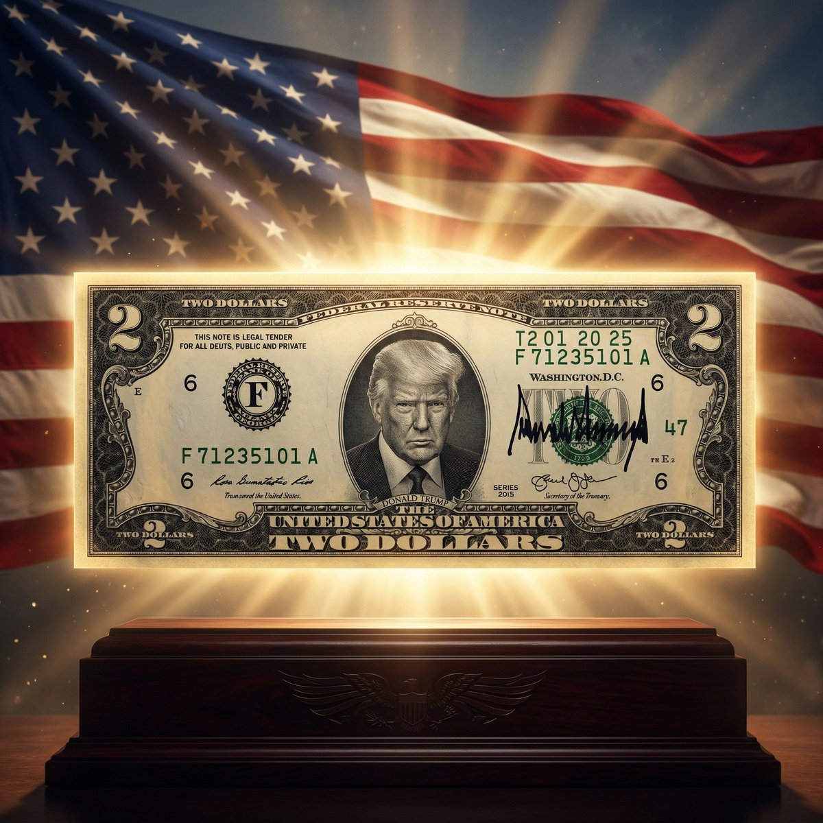 ProudPatriots1's tweet photo. 🇺🇸 Someday your grandchildren may ask what having Trump as president was like. Give them something from his second term.

This collectible Trump Signature Edition $2 Bill starts with a genuine U.S. legal tender $2 bill and is privately enhanced to honor Trump!

Order yours!