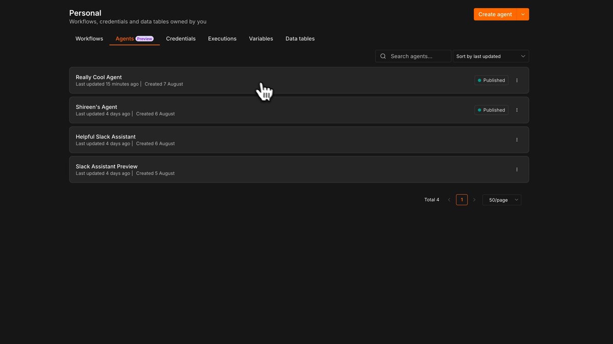 A screenshot of a 'Personal' dashboard showing the 'Agents' (Preview) tab with four agents listed including 'Really Cool Agent' and 'Shireen's Agent', and a cursor hovering over the first agent.