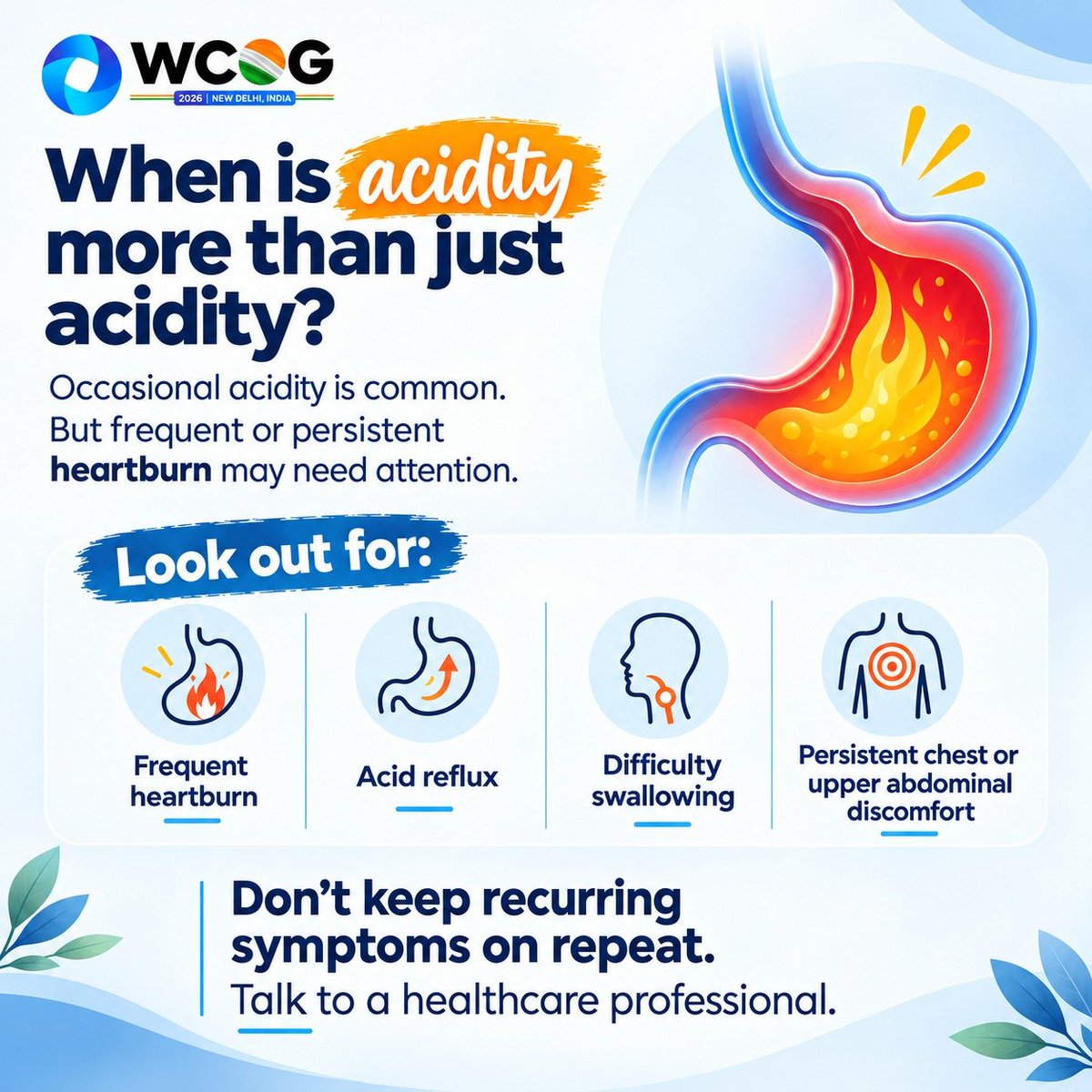 WCOG2026's tweet photo. Is it really just acidity?
Some digestive symptoms are easy to dismiss. But recurring symptoms can be a sign to pay closer attention.
At WCOG 2026, we’re bringing greater focus to gastrointestinal health, awareness and timely care.
#WCOG2026 #GIHealth #Gastroenterology #GutHealth #DigestiveHealth