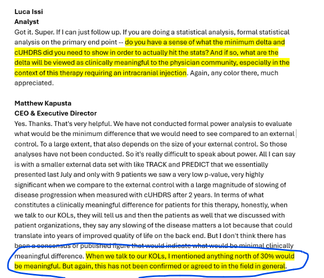 DesertDweller93's tweet photo. Time will tell whether or not this selloff in @uniQure_NV $QURE today proves to be the last great opportunity to get in cheap or a sign of things to come. No doubt in my mind, it is one of the last great buying opportunities. We are literally either minutes or days away from actual 4-year data, not an off the cuff answer to a question that may not be what she meant in terms of the upcoming data release.

What I will share with you is some commentary from June 2, 2025 AMT130 update. Just 3 months prior to the actual release, Matt is on record as saying anything north of 30%, that's right, only 30% is clinically meaningful. 3 months later they released data showing slowing of 75% as measured by cUHDRS. Yesterday Dr Tabrizi was saying even if the actual effect with more patients is 40-50% slowing it will still be great since there is absolutely zero current disease modifying therapy available. My GUESS is that the data will be equal to or better than what was reported last year.

The comment made by Dr Tabrizi is being taken out of reality. We have Dr Sung saying just weeks ago that based on the experience of his patients, he wouldn't be surprised to see a slowing of 85-90%. He sees stability in his 6or 7 patients who were treated 4-5 years ago. I am certain Dr Tabrizi was describing something other than the 4-year data about to come out. She also only treated 2 patients.

All these snippets are from the June 2, 2025 update, prior to the travesty that occurred in November and onward. Know what you own and trust management of QURE.