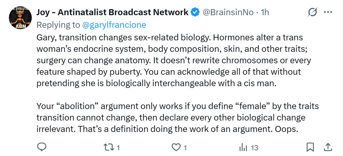 garylfrancione's tweet photo. Wrong, @BrainsinNo. A man who takes hormones and has his penis removed is a man who has self-mutilated and takes pharmaceuticals. He is not a woman. What are you saying is as absurd as saying that if I identify as a black person and darken my skin, I am black. Nonsense. https://t.co/5VKOt1EYwv