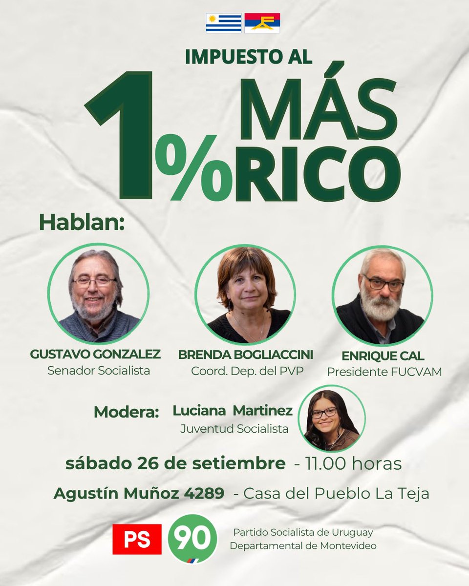 GabyBarreiro_uy's tweet photo. 📢 Recordamos la invitación para este sábado
Te esperamos en la charla sobre el Impuesto al 1% más rico, con la participación de Gustavo González, Brenda Bogliaccini y Enrique Cal.
📅 Sábado 26 de setiembre
🕚 11:00 hs
📍 Casa del Pueblo La Teja (Agustín Muñoz 4289)

¡Sumate! https://t.co/5FyBYJAy1K